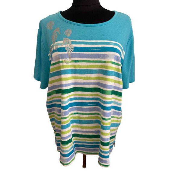 Kim Rogers Curvy 1X Striped Seahorse Tee Short Sleeve 100% Cotton Turquoise - Picture 1 of 8